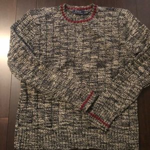 Men’s Polo Crewneck Cable knit sweater. Black/White Marled.